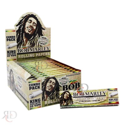 BOB MARLEY KING SIZE WITH TIP UNBLEACHED ORGANIC HEMP ROLLING PAPER 24CT/BOX